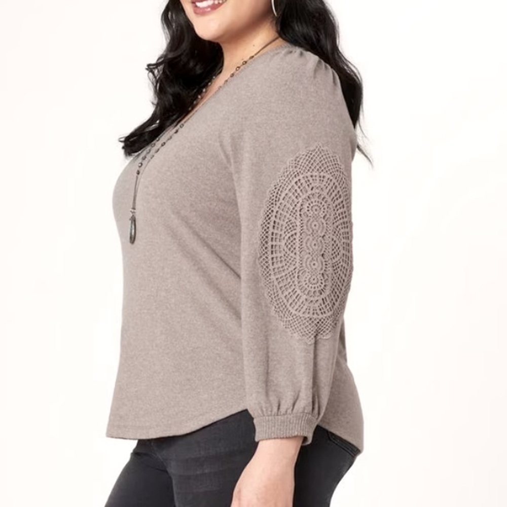 Democracy Long Sleeve Crochet Detailing Sweetheart Neckline Knit Top